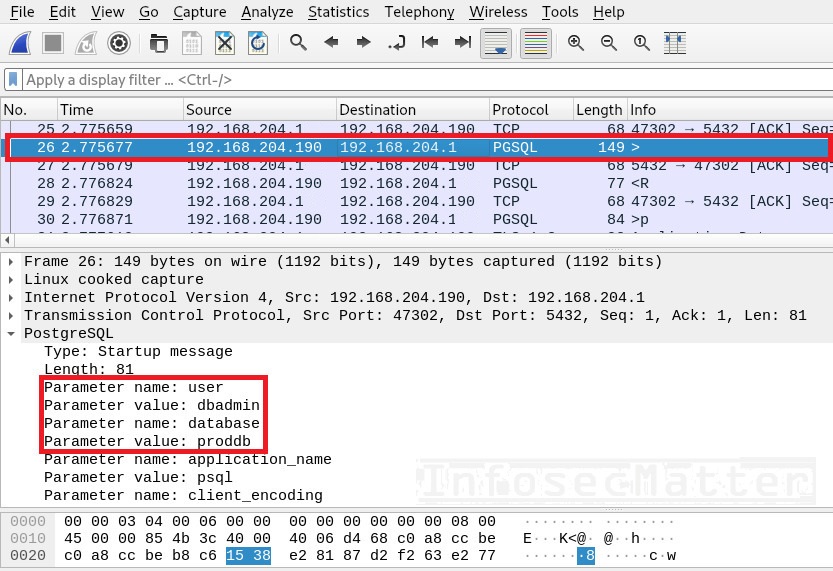 Capturing PostgreSQL username and dbname with Wireshark