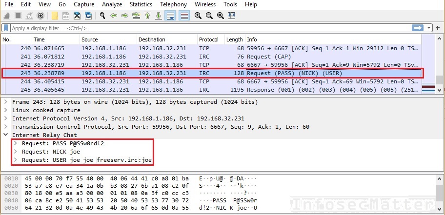 Capturing IRC password with Wireshark