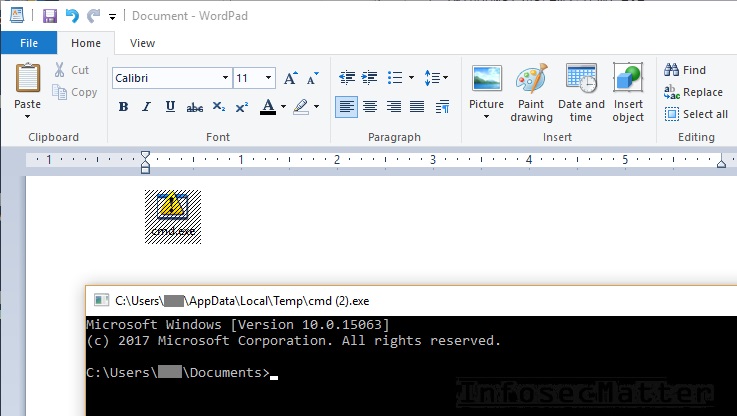 Bypass restrictions via WordPad - spawned cmd.exe