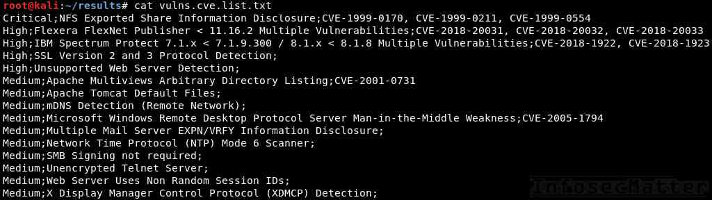 List of vulnerabilities and their CVEs parsed from Nessus scan results