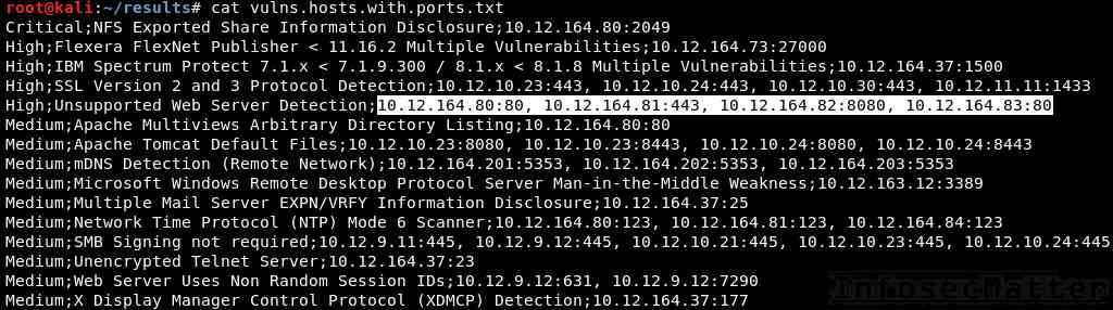List of vulnerabilities including port information parsed from Nessus scan results