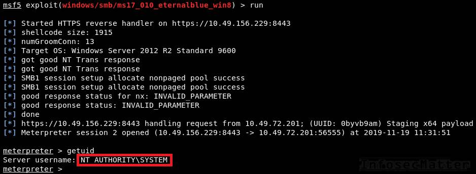 Using MS17-010 EternalBlue exploit results in RCE as nt authority\system