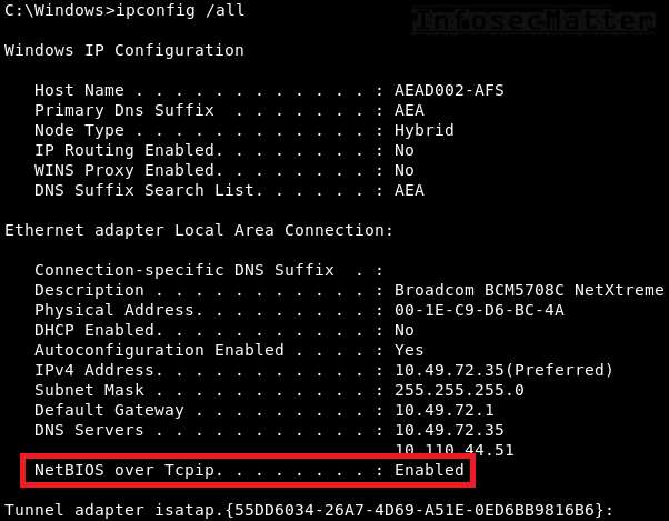 ipconfig command showing that NetBIOS over TCP/IP is enabled