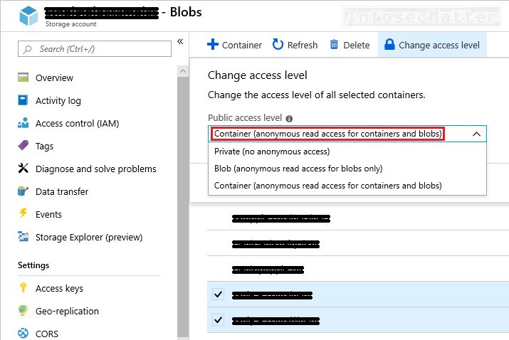Azure blob container configured with anonymous  access level